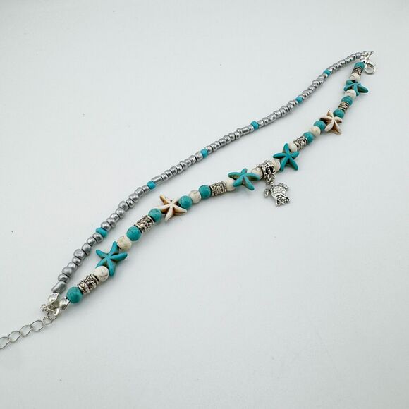 Turquoise 2 Strand Turtle Bracelet Anklet Silver Tone Beach Rustic Retro Sea - Picture 4 of 9
